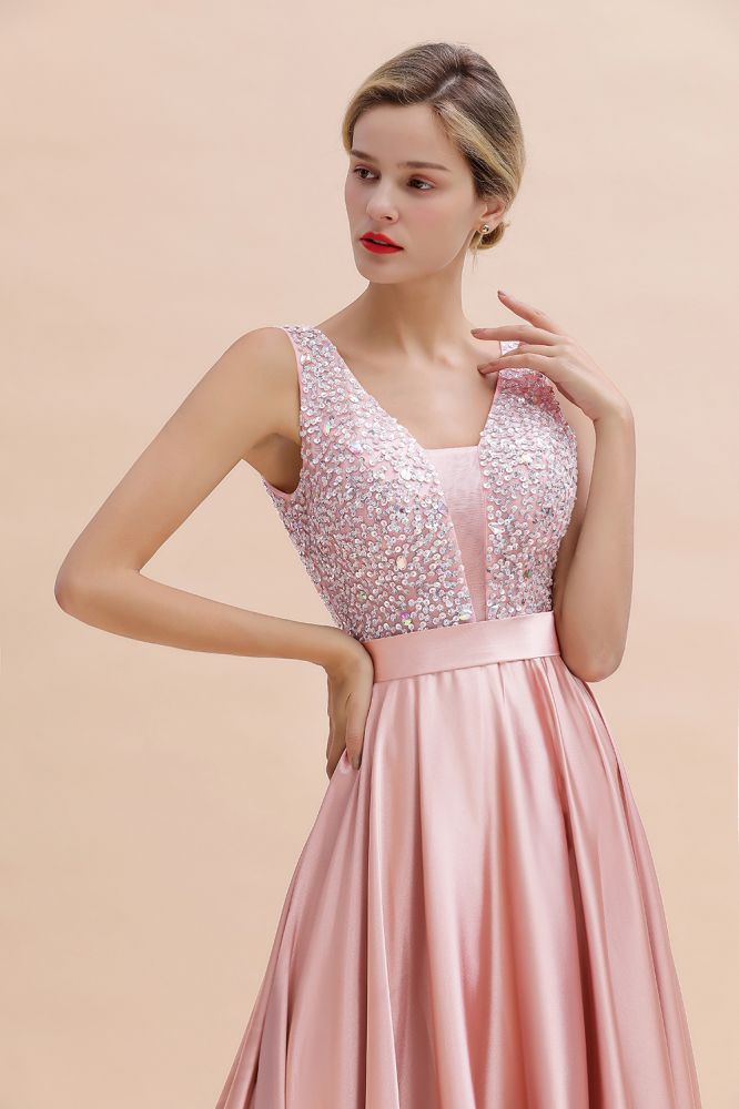 Stilvolles rückenfreies bodenlanges Abendkleid aus Satin mit V-Ausschnitt