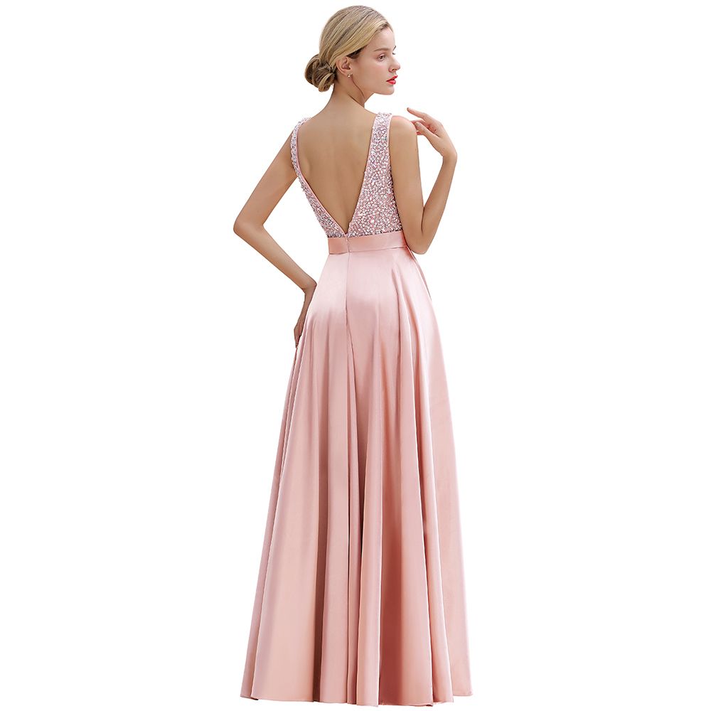 Stilvolles rückenfreies bodenlanges Abendkleid aus Satin mit V-Ausschnitt