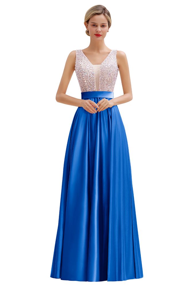 Stilvolles rückenfreies bodenlanges Abendkleid aus Satin mit V-Ausschnitt