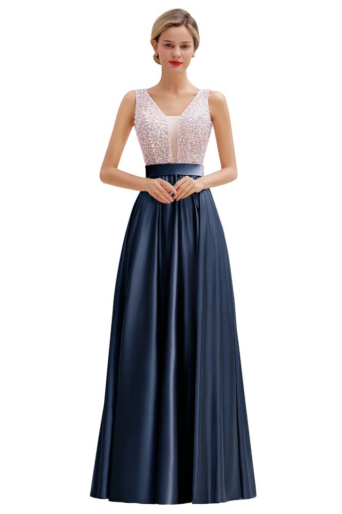 Stilvolles rückenfreies bodenlanges Abendkleid aus Satin mit V-Ausschnitt