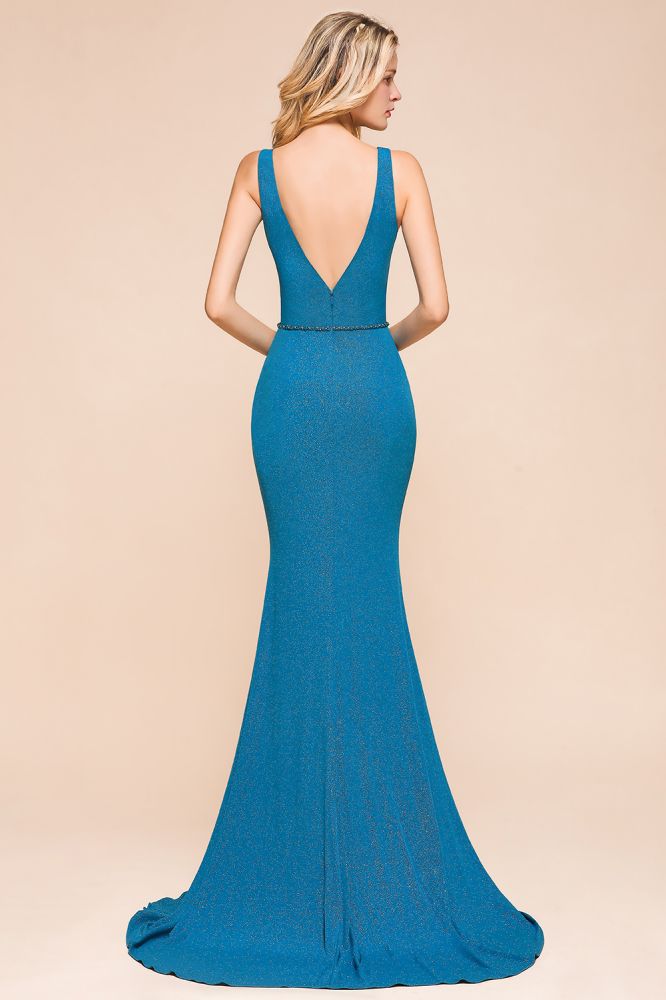Stilvolles tiefes, doppeltes V-Ausschnitt-ärmelloses Meerjungfrau-Ballkleid, formelles Partykleid