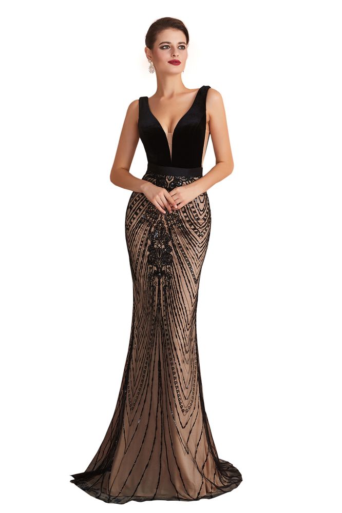 Stilvolles, tiefes, schwarzes Meerjungfrau-Ballkleid mit Perlenbesatz und tiefem V-Ausschnitt, ärmellos, schmales Abendkleid