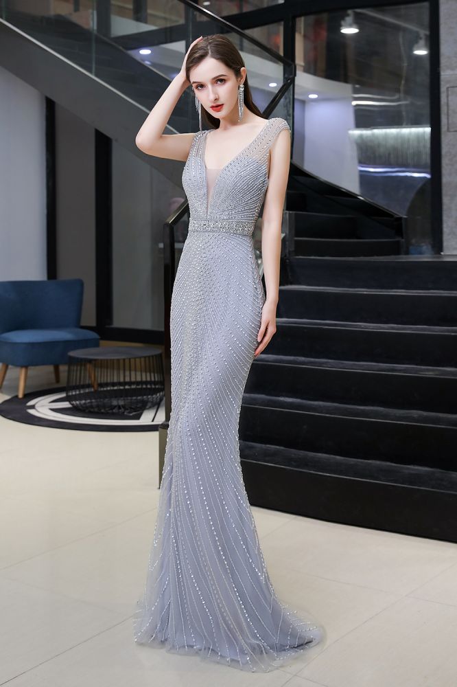 Stilvolles, tiefes, ärmelloses, mit Perlen verziertes, silbernes, schmales Meerjungfrau-Partykleid