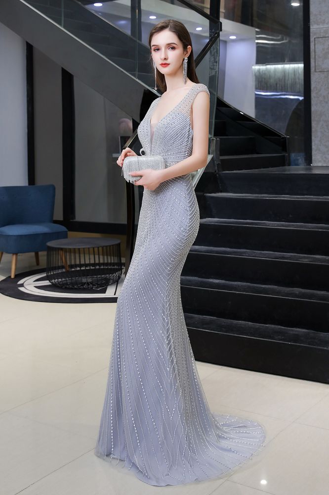 Stilvolles, tiefes, ärmelloses, mit Perlen verziertes, silbernes, schmales Meerjungfrau-Partykleid