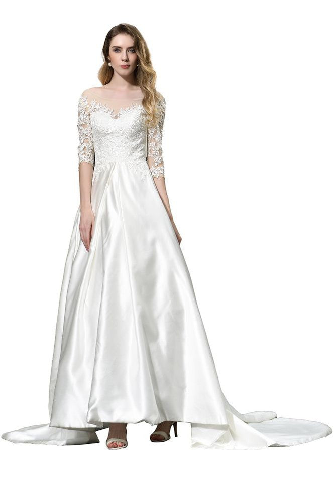 Stilvolles A-Linien-Brautkleid mit Spitzenapplikationen und halblangen Ärmeln, bodenlanges Satinkleid für die Braut