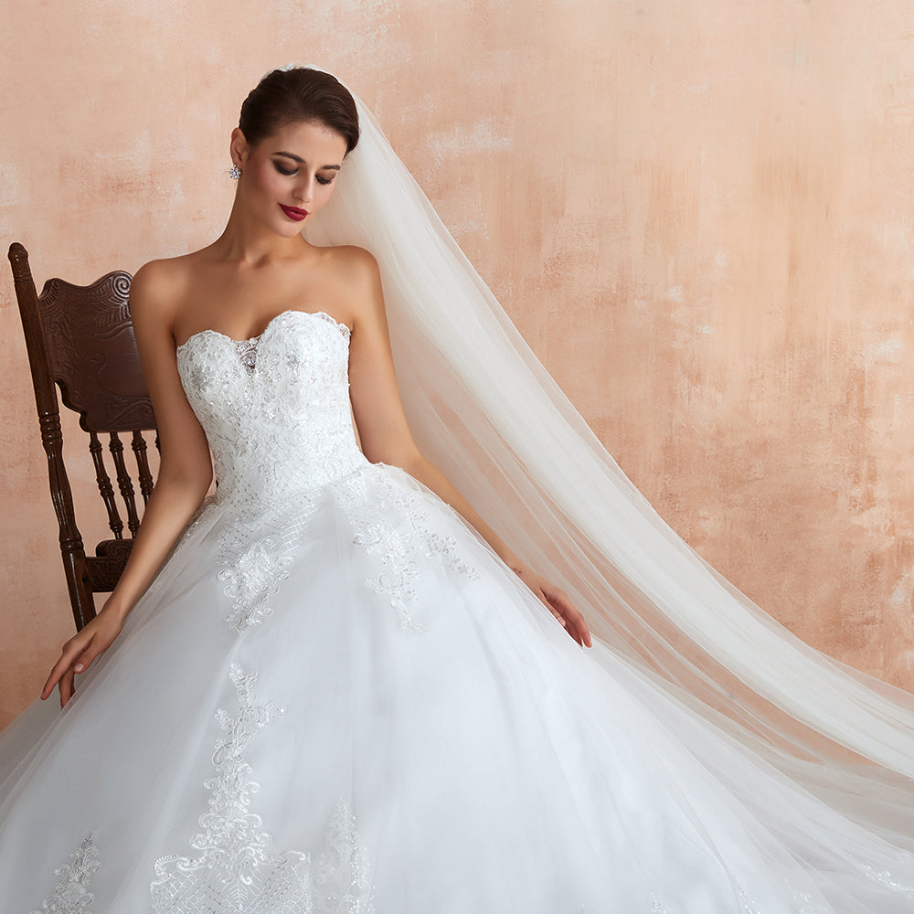 Stilvolles langes, trägerloses A-Linien-Brautkleid aus Tüll mit Applikationen