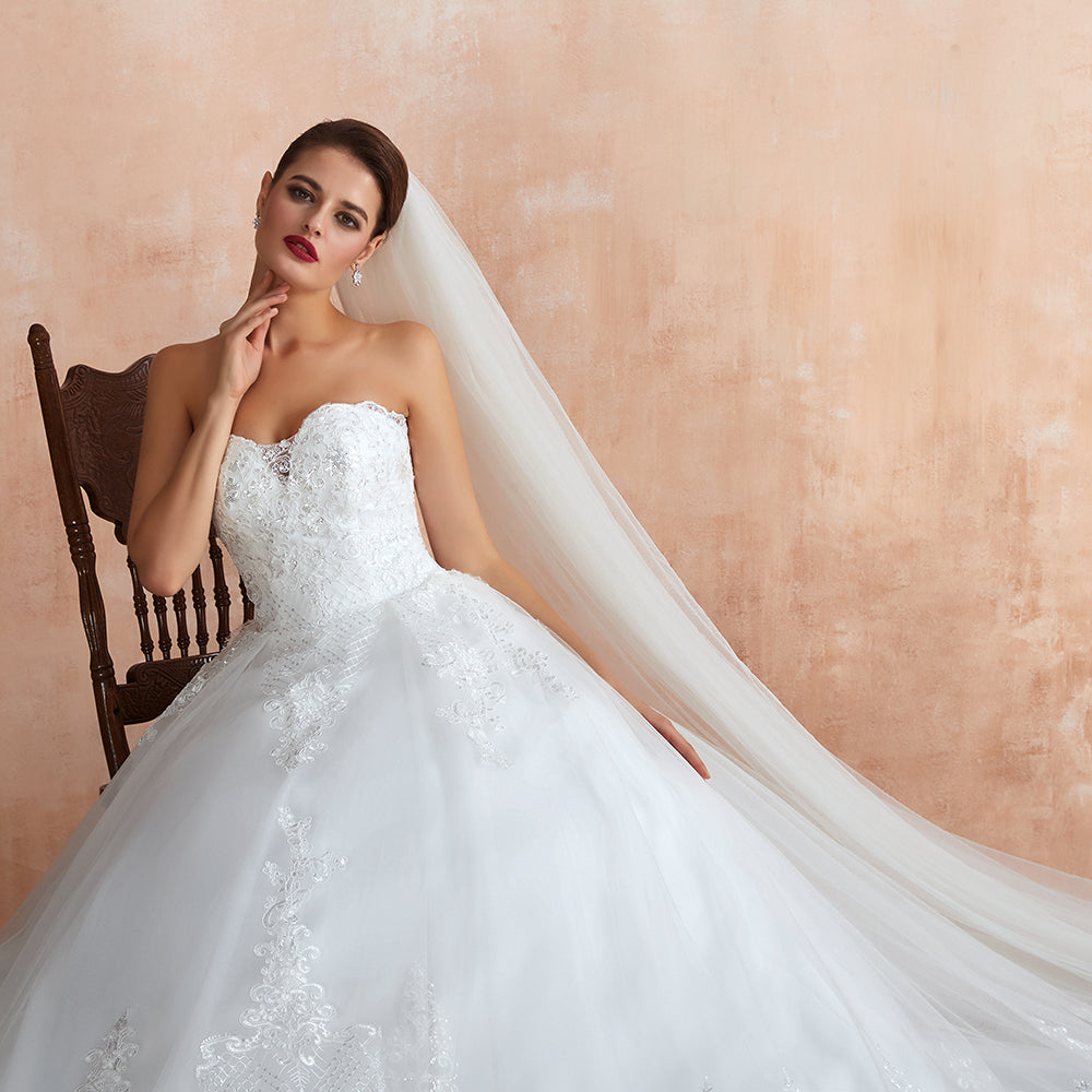 Stilvolles langes, trägerloses A-Linien-Brautkleid aus Tüll mit Applikationen