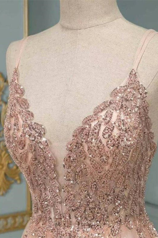 Stilvolles Maxi-Abendkleid mit Spaghettiträgern und V-Ausschnitt und floraler Spitze aus Tüll, ärmellos, schwingendes Ballkleid