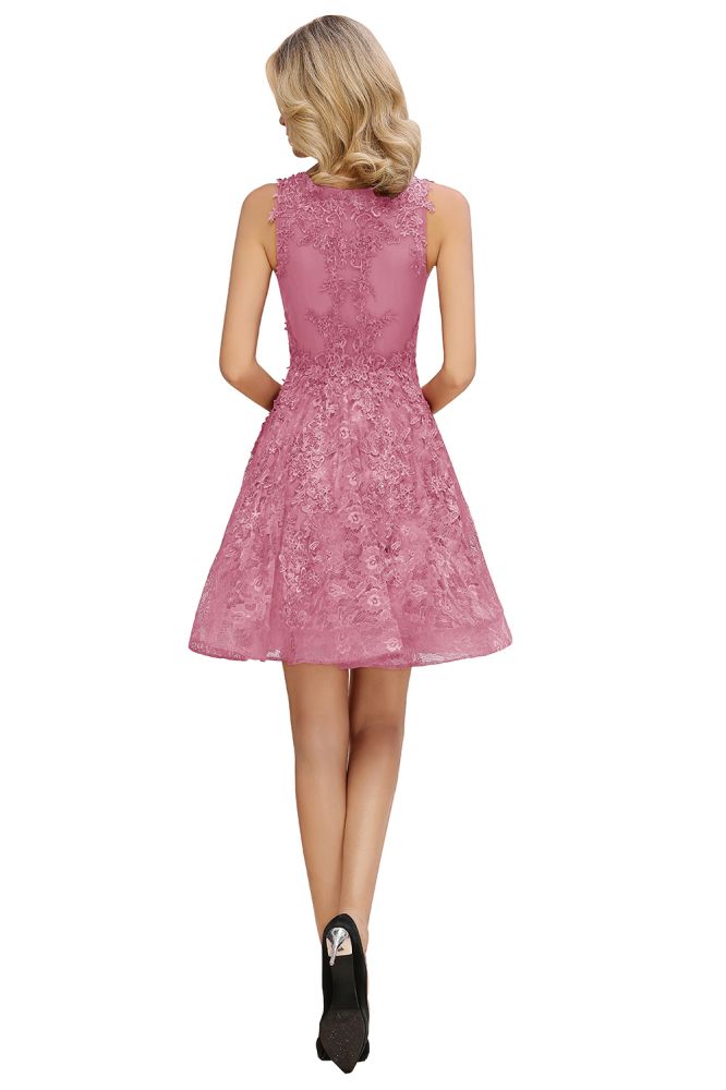 Stilvolles Homecoming-Kleid mit V-Ausschnitt und Blumenapplikationen, knielanges ärmelloses Partykleid