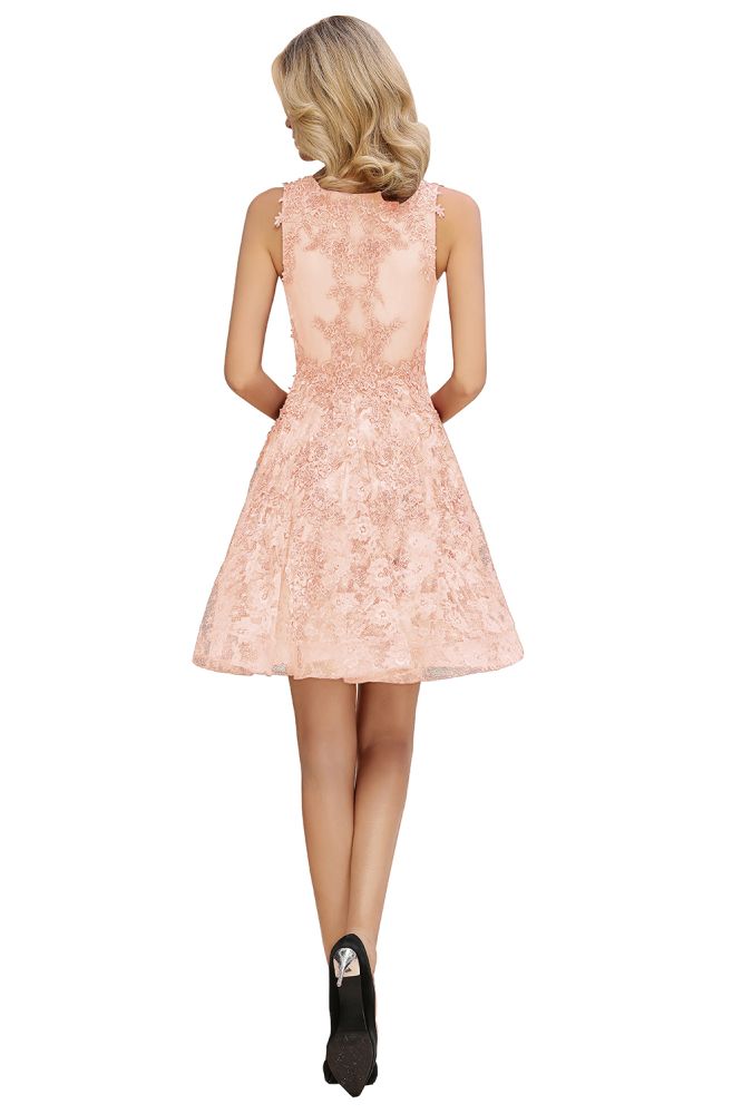 Stilvolles Homecoming-Kleid mit V-Ausschnitt und Blumenapplikationen, knielanges ärmelloses Partykleid