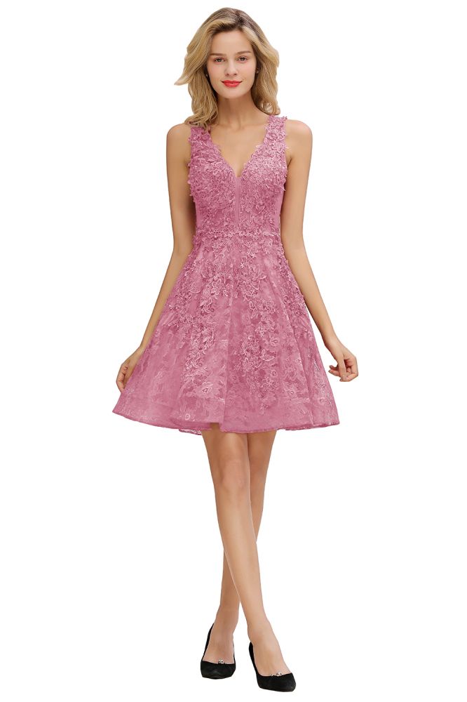 Stilvolles Homecoming-Kleid mit V-Ausschnitt und Blumenapplikationen, knielanges ärmelloses Partykleid