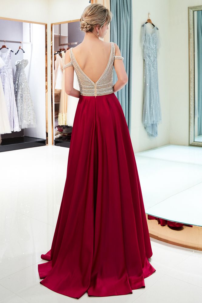 Stilvolles ärmelloses Abendkleid in A-Linie mit V-Ausschnitt und Kristallperlen in Burgunderrot