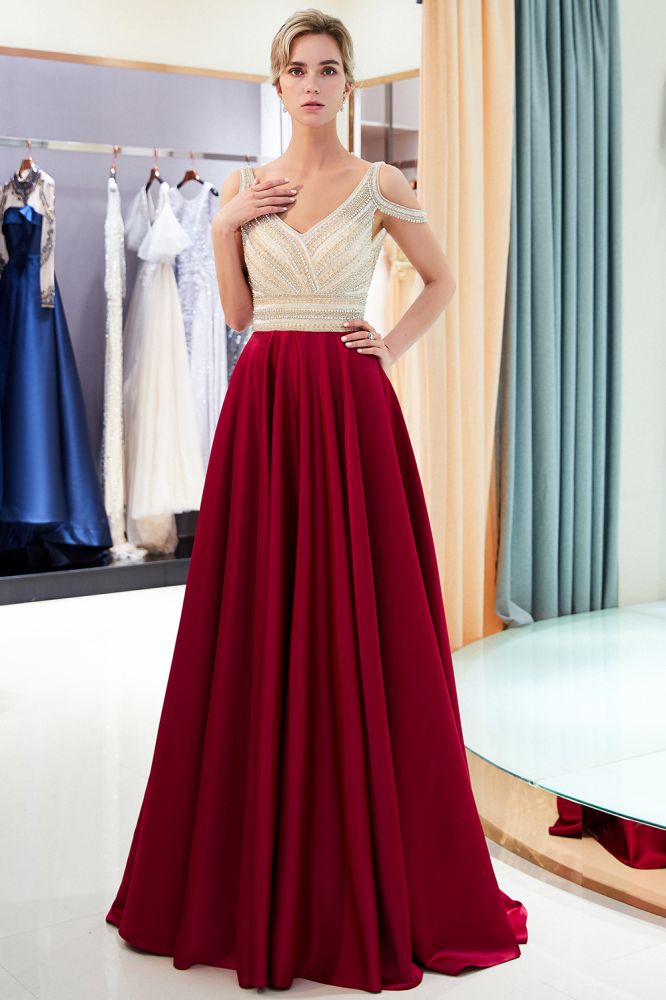 Stilvolles ärmelloses Abendkleid in A-Linie mit V-Ausschnitt und Kristallperlen in Burgunderrot