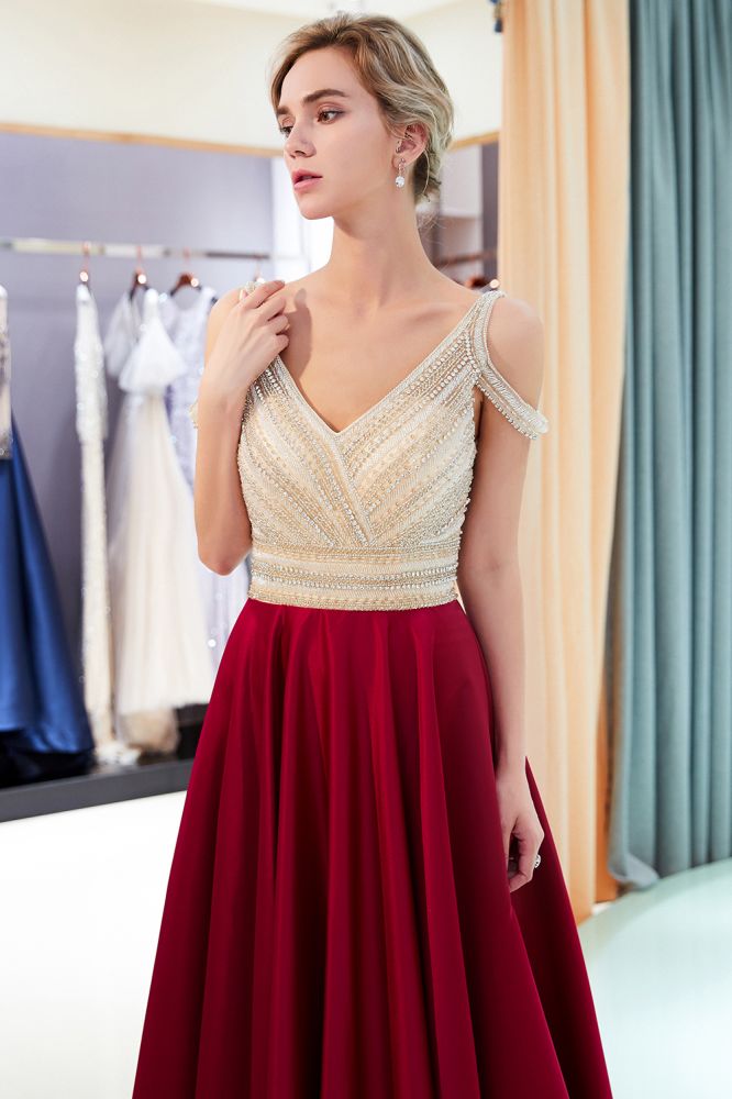Stilvolles ärmelloses Abendkleid in A-Linie mit V-Ausschnitt und Kristallperlen in Burgunderrot