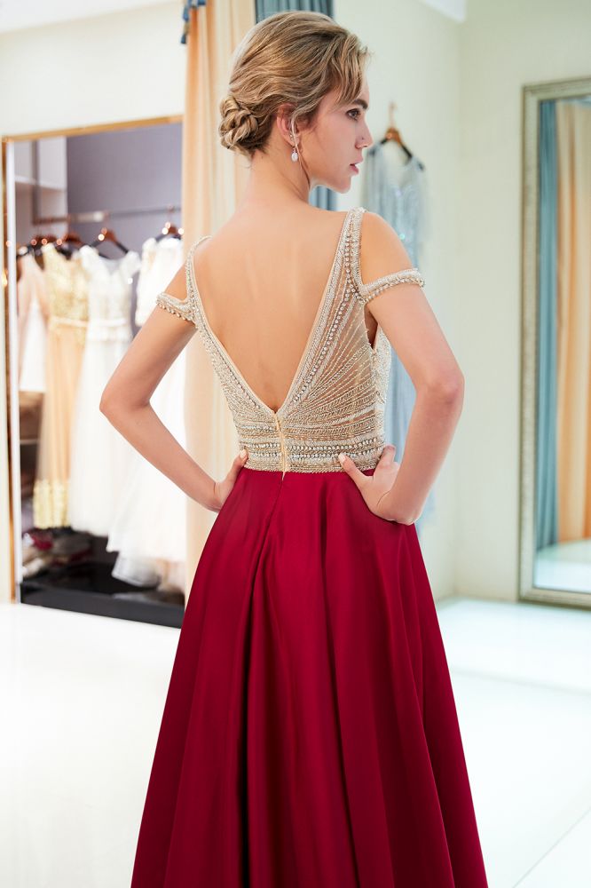 Stilvolles ärmelloses Abendkleid in A-Linie mit V-Ausschnitt und Kristallperlen in Burgunderrot