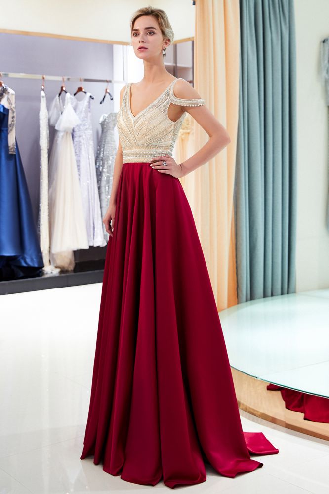 Stilvolles ärmelloses Abendkleid in A-Linie mit V-Ausschnitt und Kristallperlen in Burgunderrot
