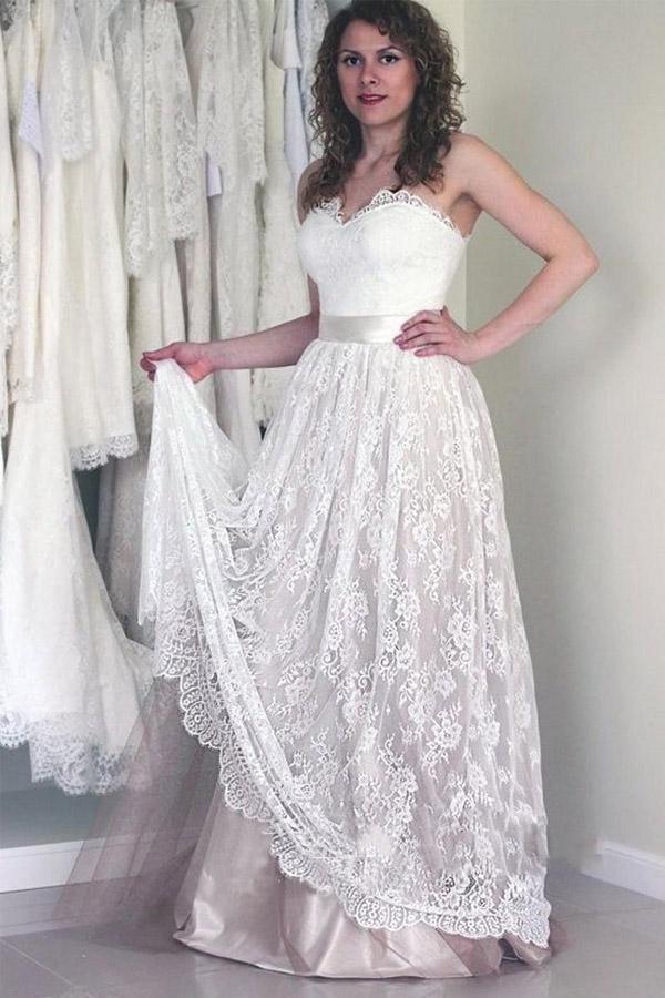 Sweetheart Sleeveless Long White Wedding Dress with Lace WD053