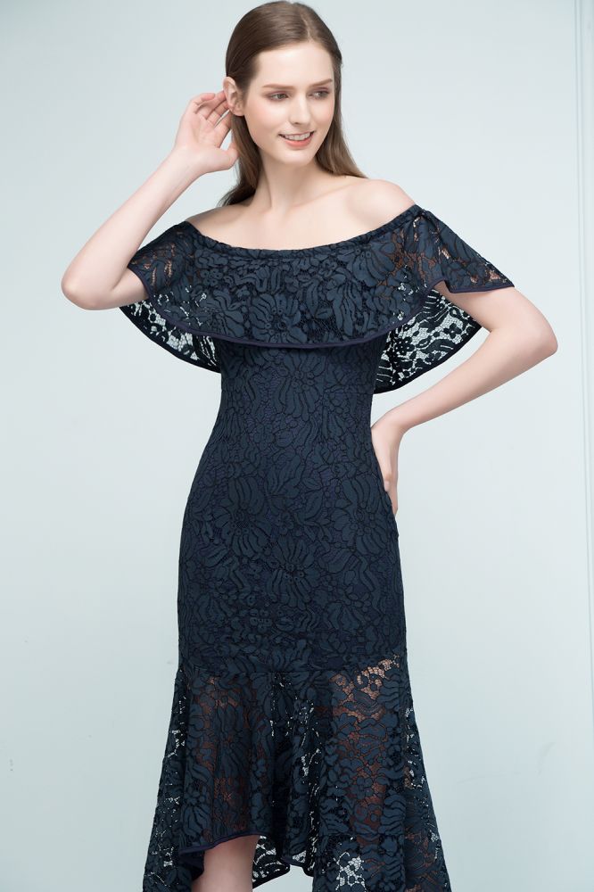Tea Length Black Mermaid Off-shoulder Lace Prom Dresses
