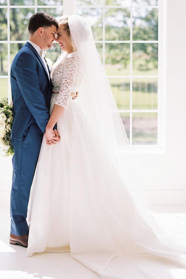 Two Piece Half Sleeves See-Through Wedding Dress with Lace Top WD387
