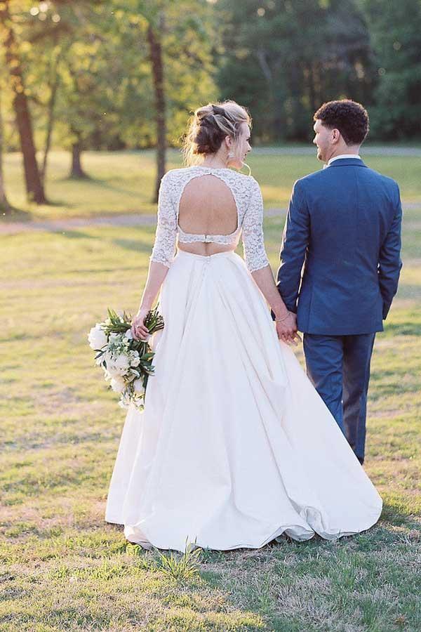 Two Piece Half Sleeves See-Through Wedding Dress with Lace Top WD387