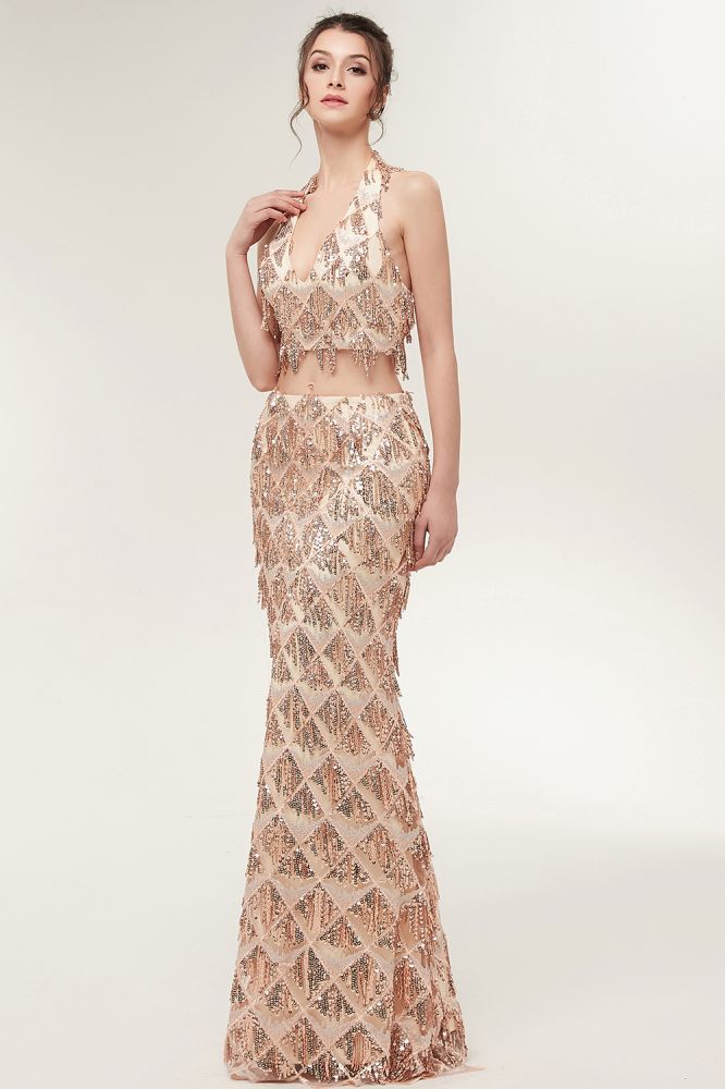 Two-piece Halter Mermaid Long Sequined Patterns Champagne Prom Dresses