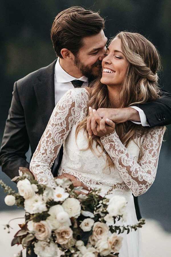 Two Piece Round Neck Lace Top Iovry Chiffon Dress with Long Sleeves WD416