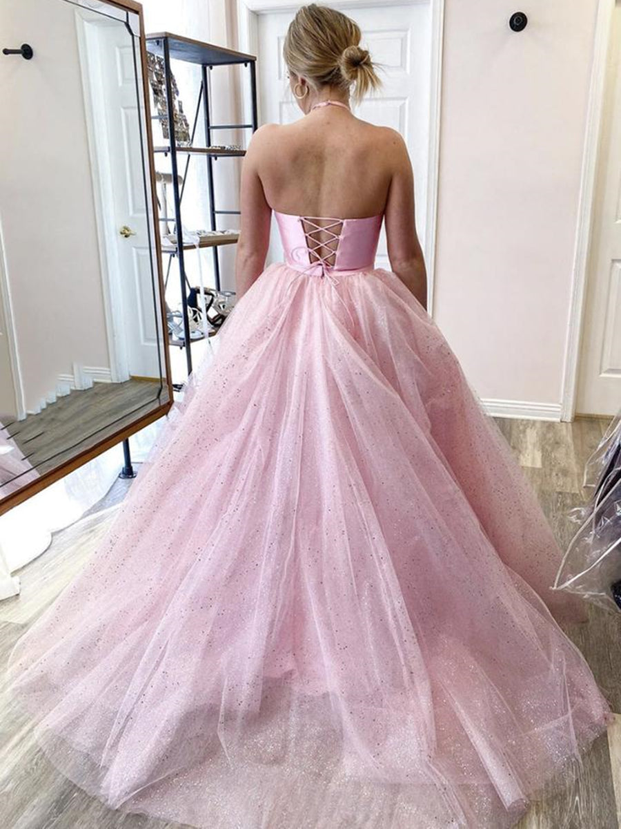 Two Pieces Long A-line Halter Satin Tulle Backless Formal Prom Dresses