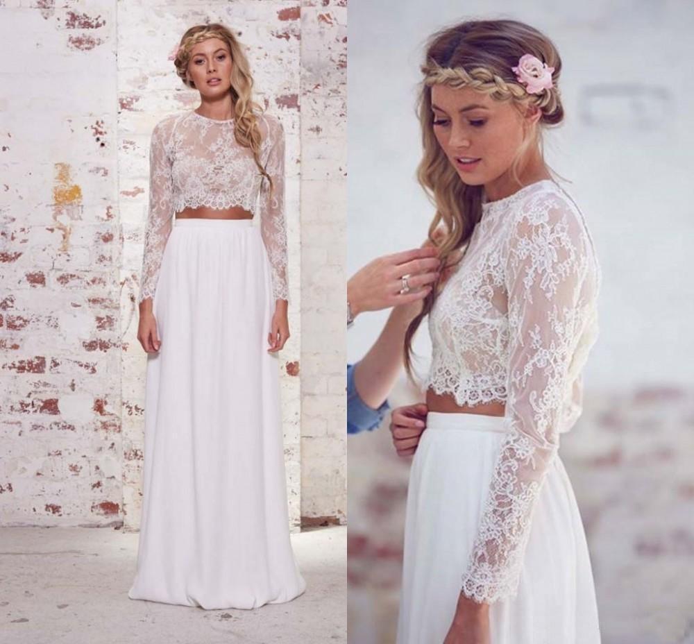 Two Pieces Long Sleeves Lace White Beach Wedding Bridal Dresses WD383