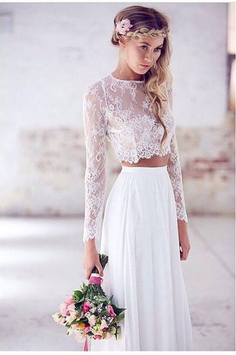 Two Pieces Long Sleeves Lace White Beach Wedding Bridal Dresses WD383