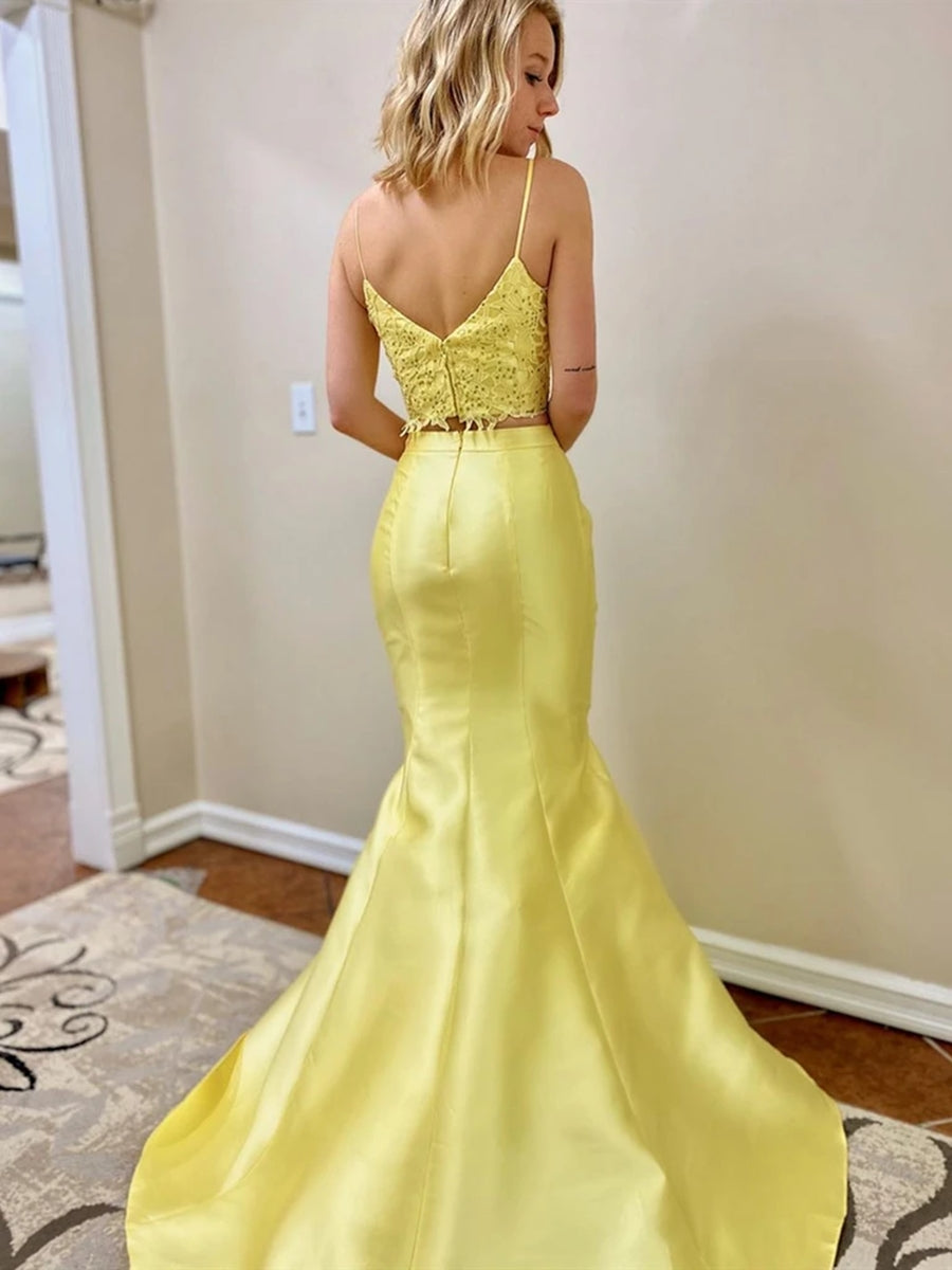 Two Pieces Mermaid V Neck Satin Lace Long Yellow Prom Dresses