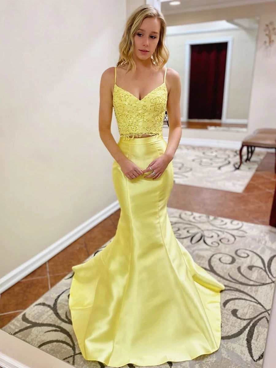Two Pieces Mermaid V Neck Satin Lace Long Yellow Prom Dresses
