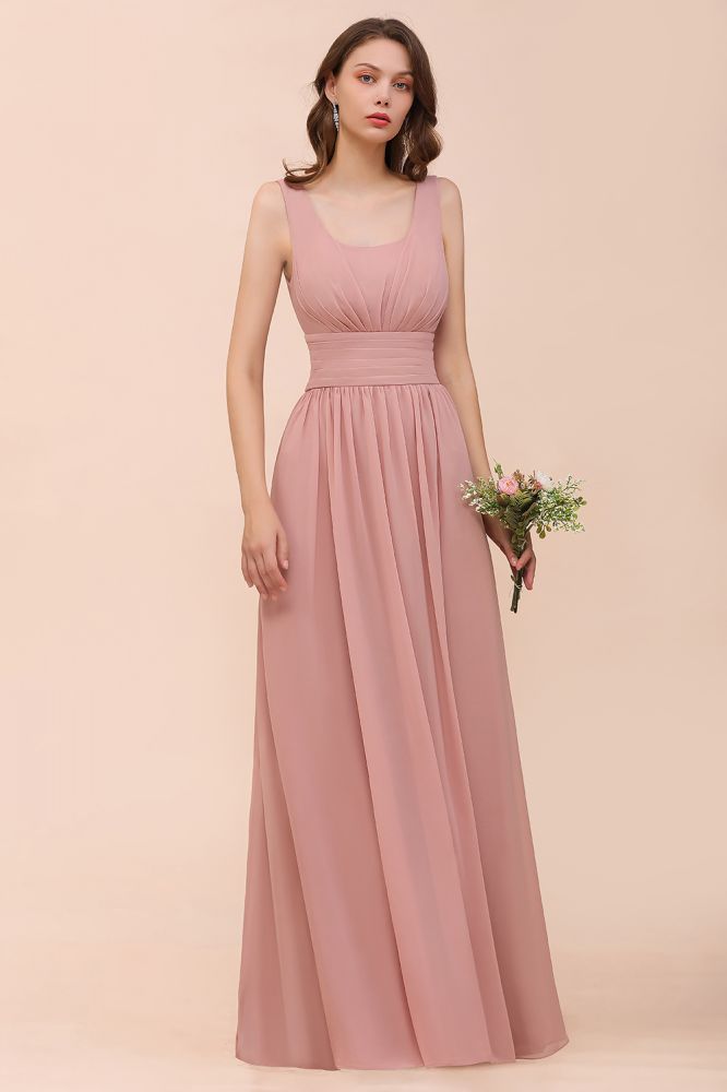 U-Neck High Waist Bridesmaid Dress Long Chiffon Formal Party Dress