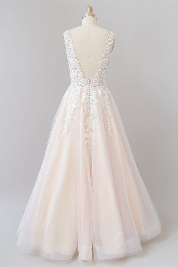 V-neck Appliques Tulle Floor length Wedding Dress