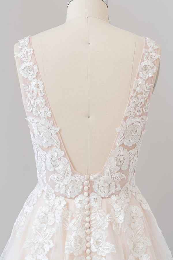 V-neck Appliques Tulle Floor length Wedding Dress