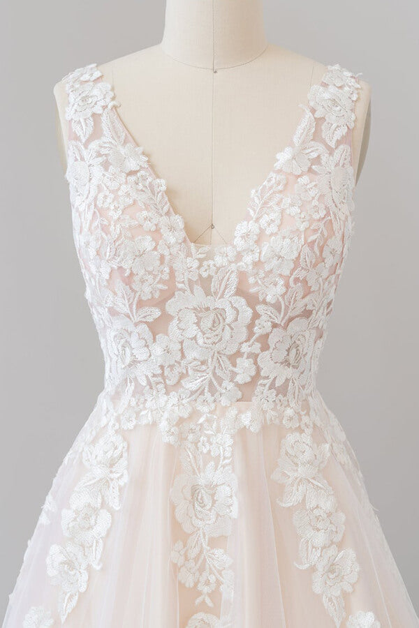 V-neck Appliques Tulle Floor length Wedding Dress