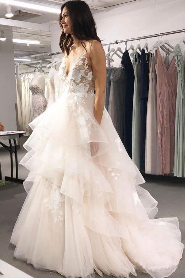 V Neck Ball Gown Wedding Dresses Layered Skirt Wedding Dress WD345