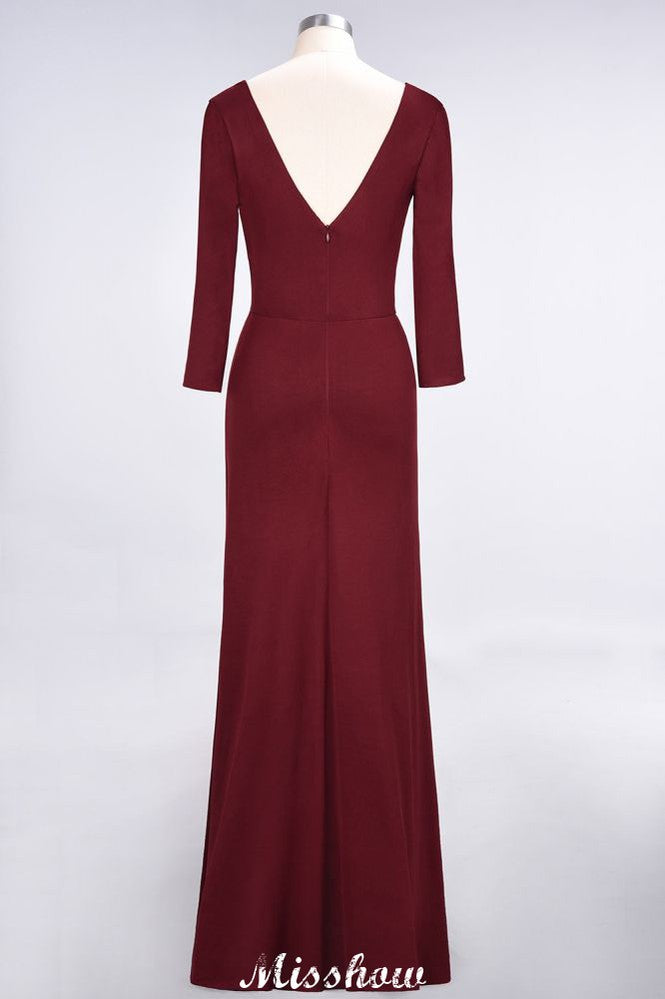 V-Neck Long-Sleeves Side-Slit Floor-Length Bridesmaid Dress with Ruffles