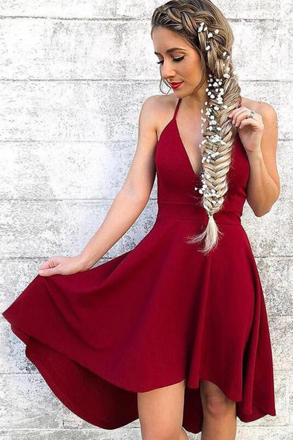Vestidos de fiesta cortos con escote en V y tirantes finos rojos, corte alto y bajo, PD100