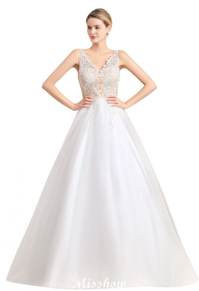 V-Neck See-through Lace Aline Wedding Dress Floor length Princess Bridal Gown