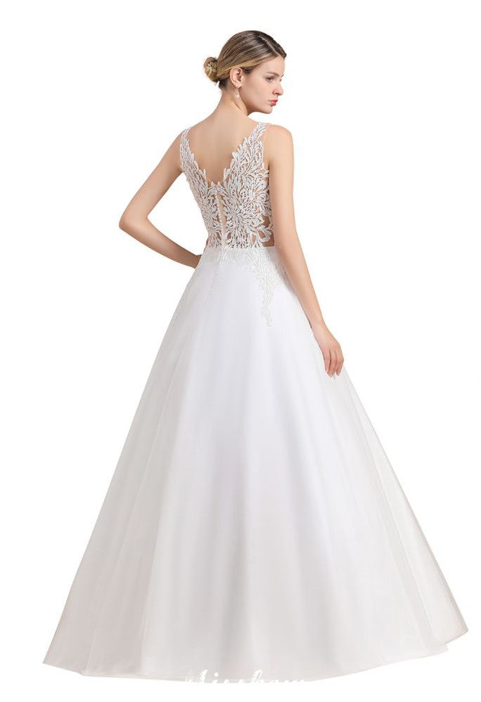 V-Neck See-through Lace Aline Wedding Dress Floor length Princess Bridal Gown