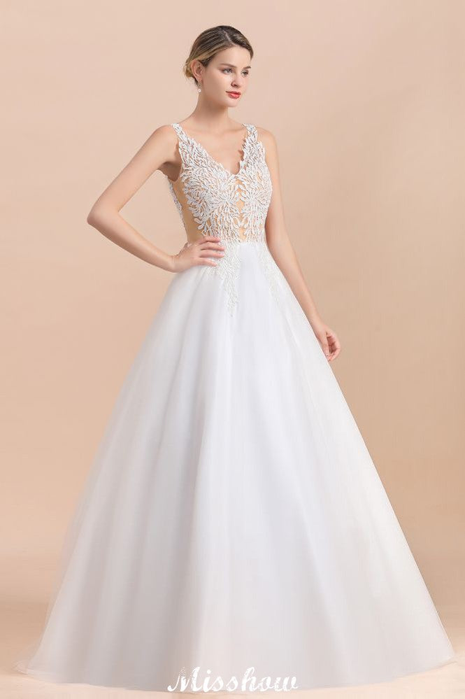 V-Neck See-through Lace Aline Wedding Dress Floor length Princess Bridal Gown