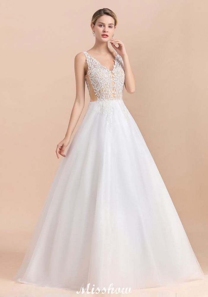 V-Neck See-through Lace Aline Wedding Dress Floor length Princess Bridal Gown