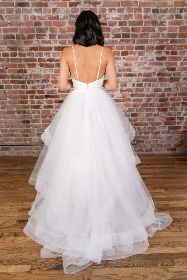 V-neck Straps Floor Length White Satin Wedding Dress with Ruffless WD425