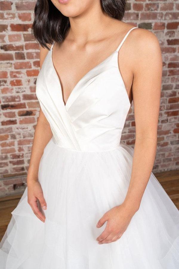 V-neck Straps Floor Length White Satin Wedding Dress with Ruffless WD425