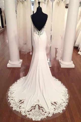 V-Neck Vintage Lace Mermaid Backless Beach Wedding Dress WD199