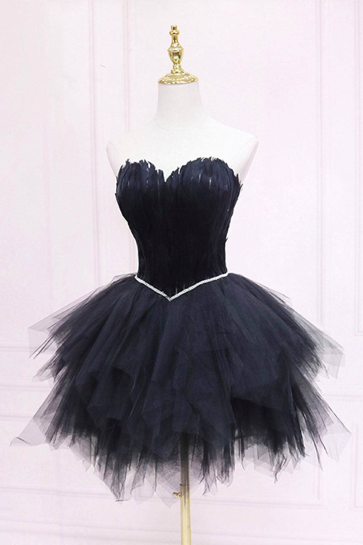 Ila | Black Tulle Short Prom Dress with Feather, A-Line Sweetheart Neckline Party Dress