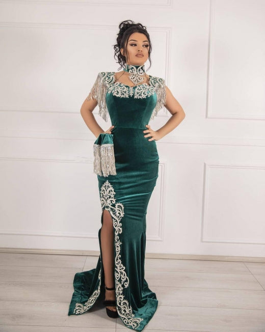 Velvet Dark Green Long Split Mermaid Prom Dresses