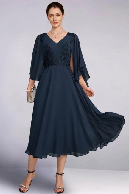 Vintage A-Linie Chiffon V-Ausschnitt Kleid für die Brautmutter Langarm Brautjungfernkleider mit Applikationen