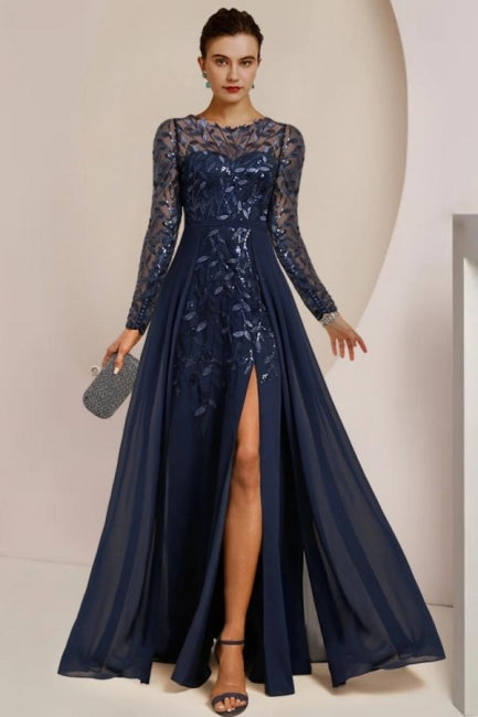 Vintage A-Linie Spitze Kleid für die Brautmutter U-Ausschnitt Langarm Brautjungfernkleider mit Applikationen