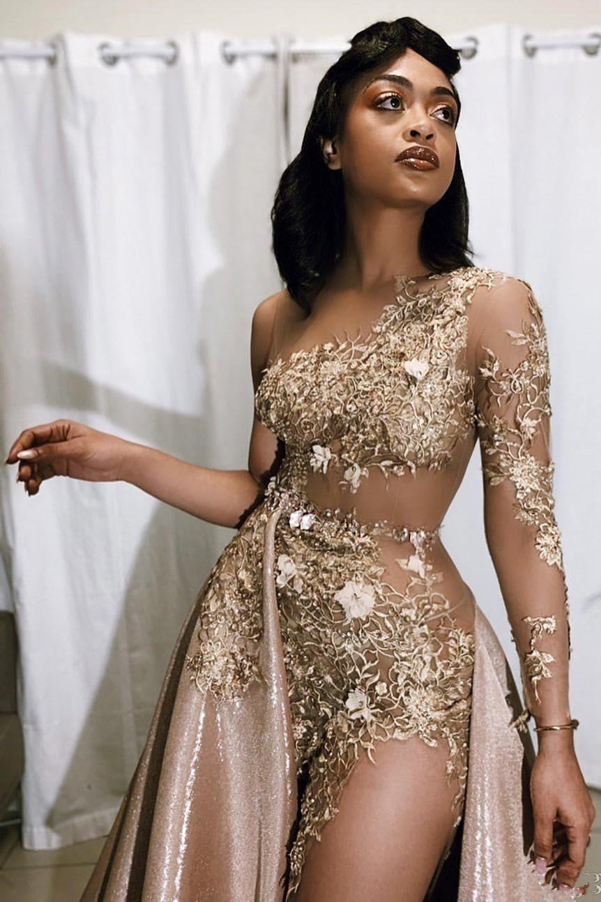 Vintage A-line One Shoulder Lace Appliqued Long Prom Dresses With Over Skirt